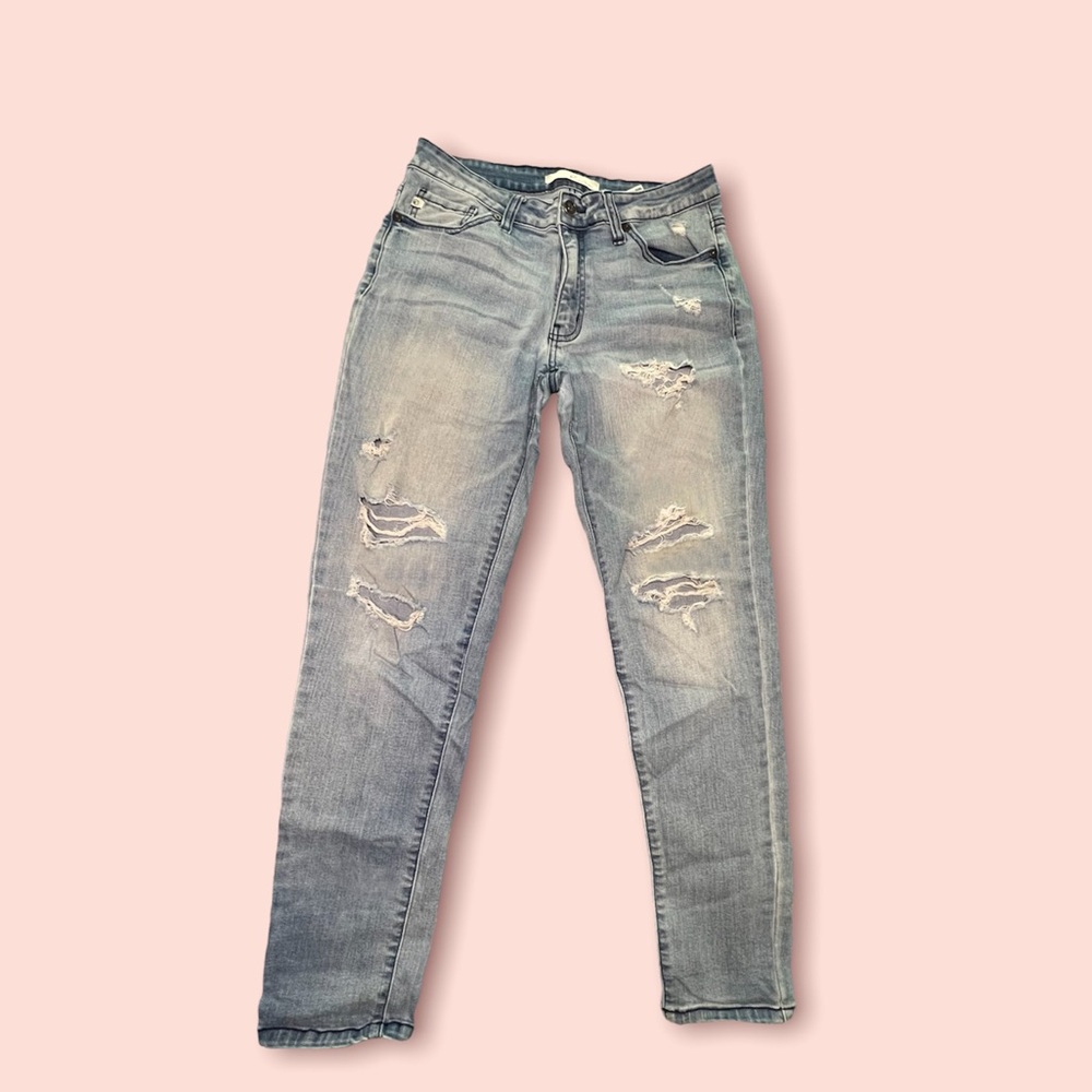 KanCan Boyfriend Fit Light Wash Summer Distressed-Knees Denim Jeans Sz 7/27
